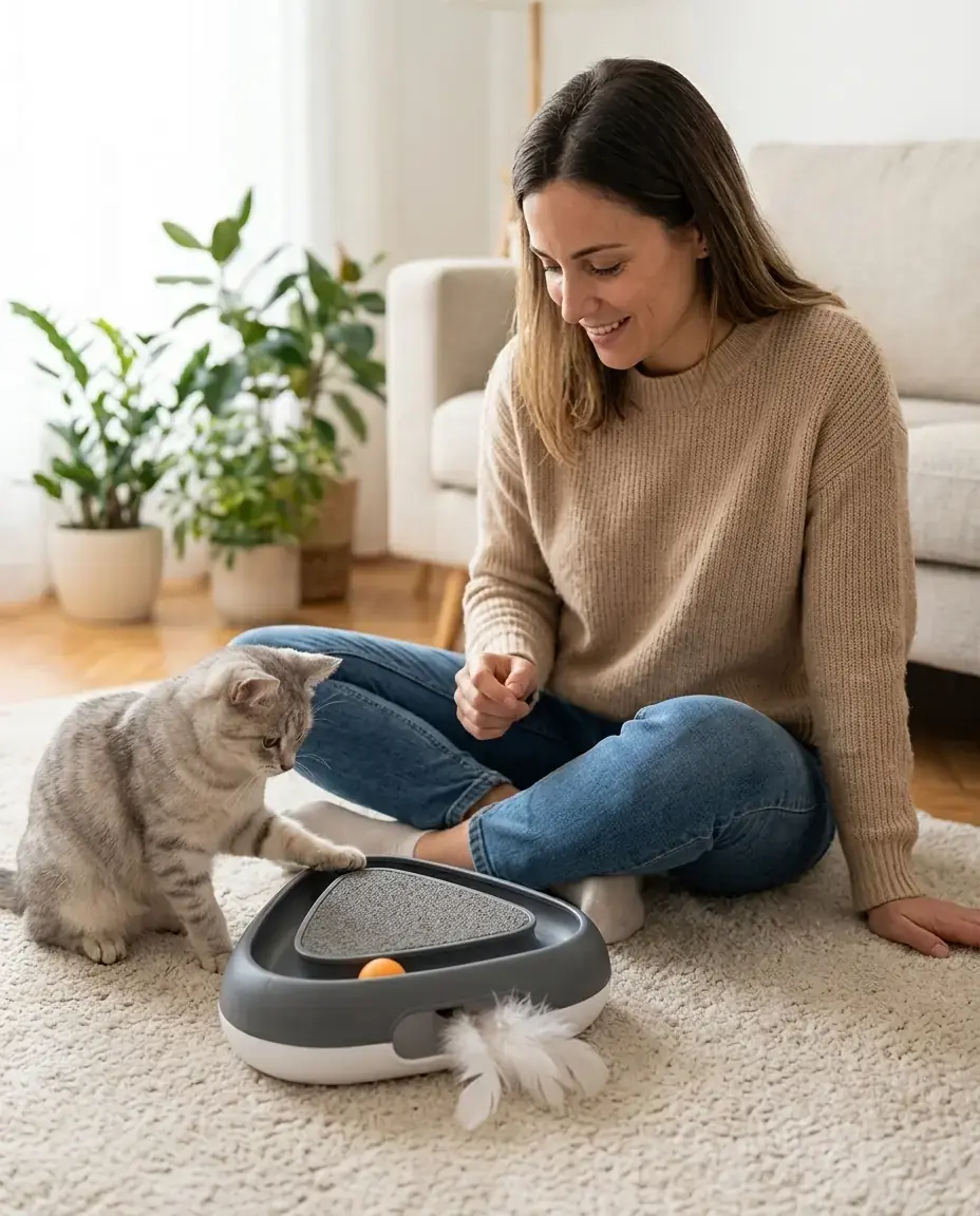 Gato caçando e perseguindo o brinquedo elétrico triangular em uso